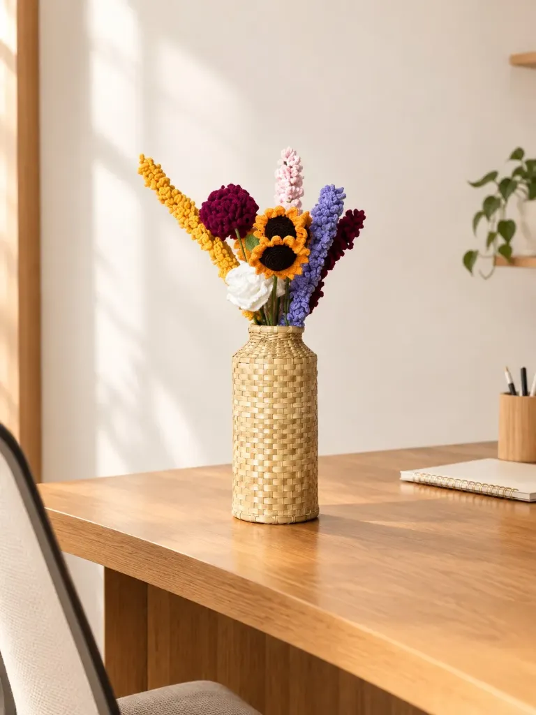 Handmade Round Bamboo Vase with Decorative  Flowers